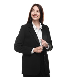 Photo of Happy woman in suit on white background