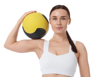 Photo of Woman with medicine ball on white background