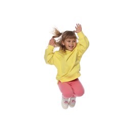 Photo of Happy little girl dancing on white background