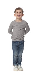 Photo of Happy little boy dancing on white background