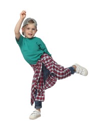Photo of Happy little boy dancing on white background