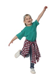 Photo of Happy little boy dancing on white background