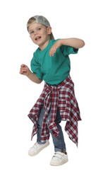 Photo of Happy little boy dancing on white background
