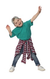 Photo of Happy little boy dancing on white background