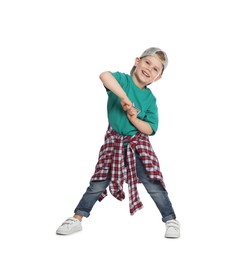 Photo of Happy little boy dancing on white background