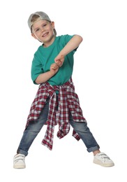 Photo of Happy little boy dancing on white background