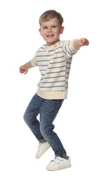 Photo of Happy little boy dancing on white background