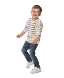 Photo of Happy little boy dancing on white background