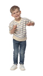 Photo of Happy little boy dancing on white background