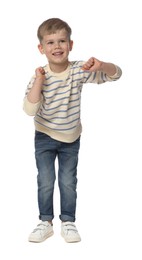 Photo of Happy little boy dancing on white background