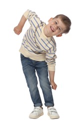 Photo of Happy little boy dancing on white background
