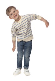 Photo of Happy little boy dancing on white background