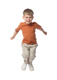 Photo of Happy little boy dancing on white background