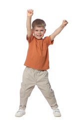 Photo of Happy little boy dancing on white background