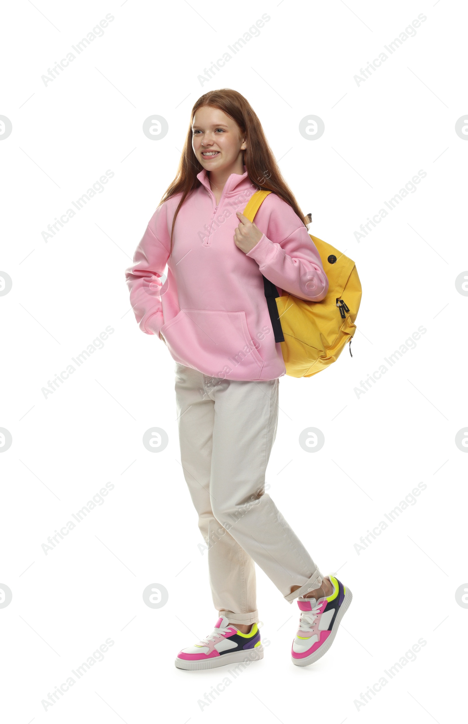 Photo of Teenage girl with backpack on white background