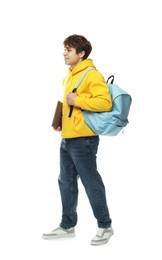 Photo of Teenage boy with laptop and backpack on white background
