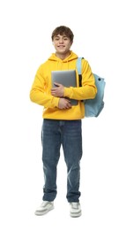 Photo of Teenage boy with laptop and backpack on white background