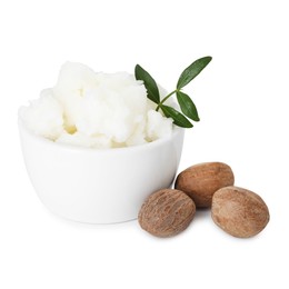 Photo of Shea butter, nuts and leaves isolated on white