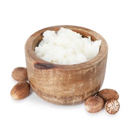 Photo of Natural shea butter in bowl isolated on white