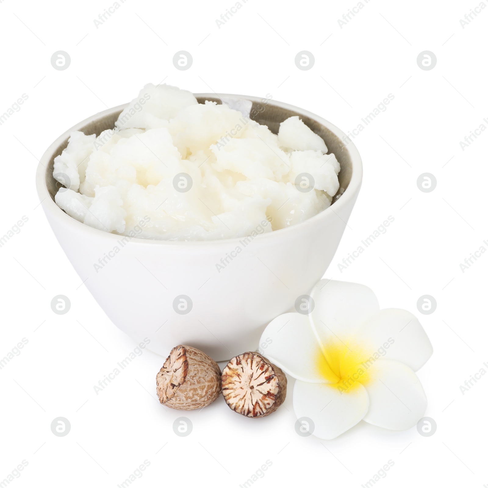 Natural shea butter in bowl isolated on white Photo of Natural shea butter in bowl isolated on white