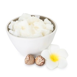 Photo of Natural shea butter in bowl isolated on white