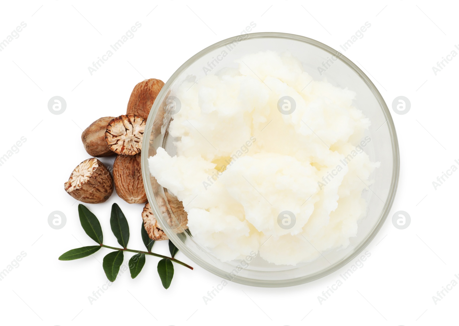 Natural shea butter isolated on white, top view Photo of Natural shea butter isolated on white, top view