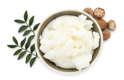 Photo of Natural shea butter isolated on white, top view