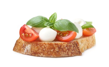 Photo of Tasty sandwich with mozzarella cheese, tomatoes and basil isolated on white