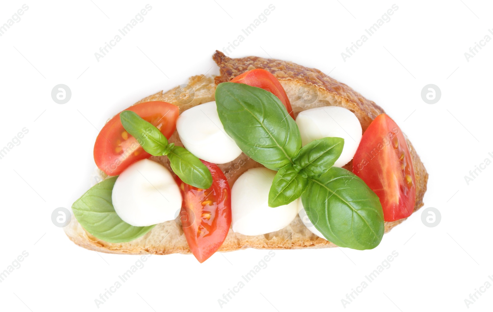 Tasty sandwich with mozzarella cheese, tomatoes and basil isolated on white, top view Photo of Tasty sandwich with mozzarella cheese, tomatoes and basil isolated on white, top view