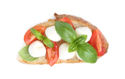 Photo of Tasty sandwich with mozzarella cheese, tomatoes and basil isolated on white, top view