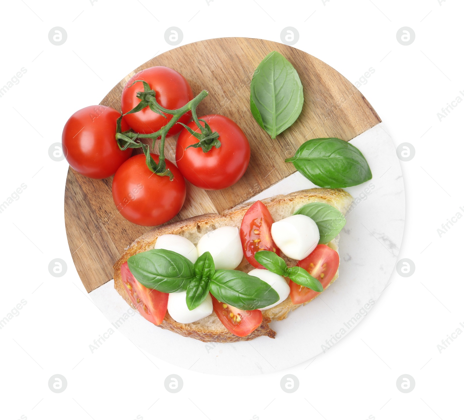 Tasty sandwich with mozzarella cheese, tomatoes and basil isolated on white, top view Photo of Tasty sandwich with mozzarella cheese, tomatoes and basil isolated on white, top view