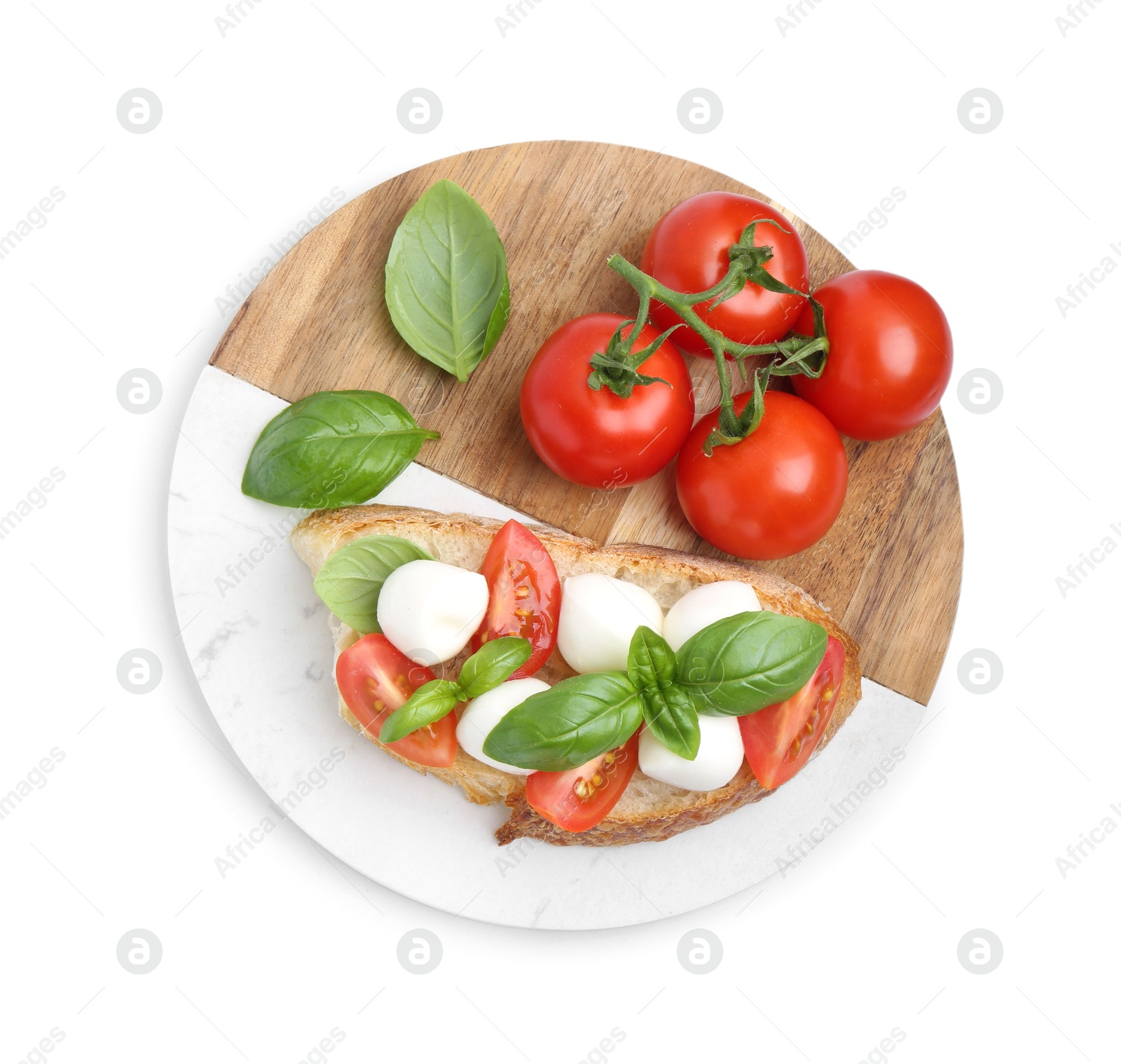 Tasty sandwich with mozzarella cheese, tomatoes and basil isolated on white, top view Photo of Tasty sandwich with mozzarella cheese, tomatoes and basil isolated on white, top view