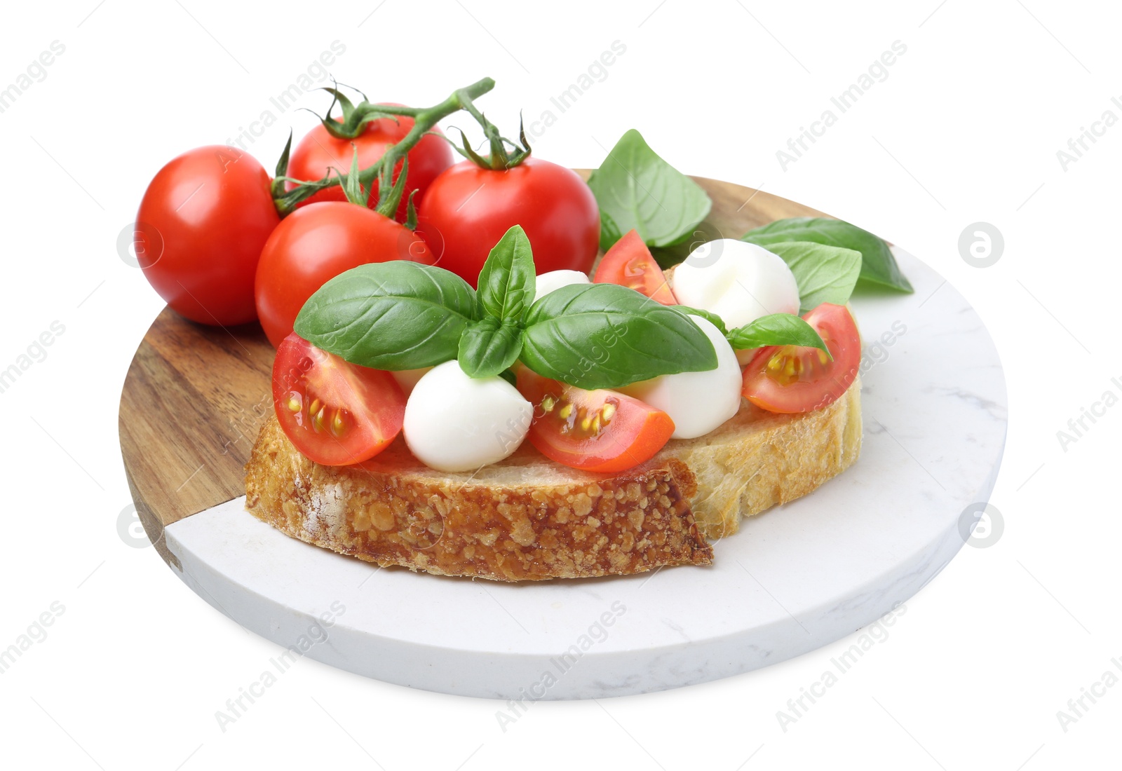 Tasty sandwich with mozzarella cheese, tomatoes and basil isolated on white Photo of Tasty sandwich with mozzarella cheese, tomatoes and basil isolated on white
