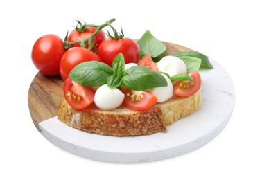 Photo of Tasty sandwich with mozzarella cheese, tomatoes and basil isolated on white