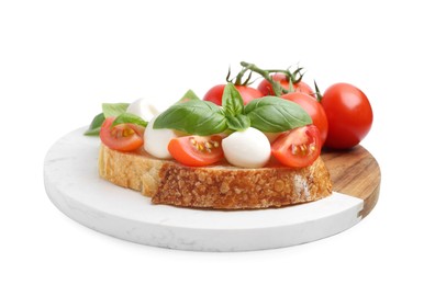 Photo of Tasty sandwich with mozzarella cheese, tomatoes and basil isolated on white