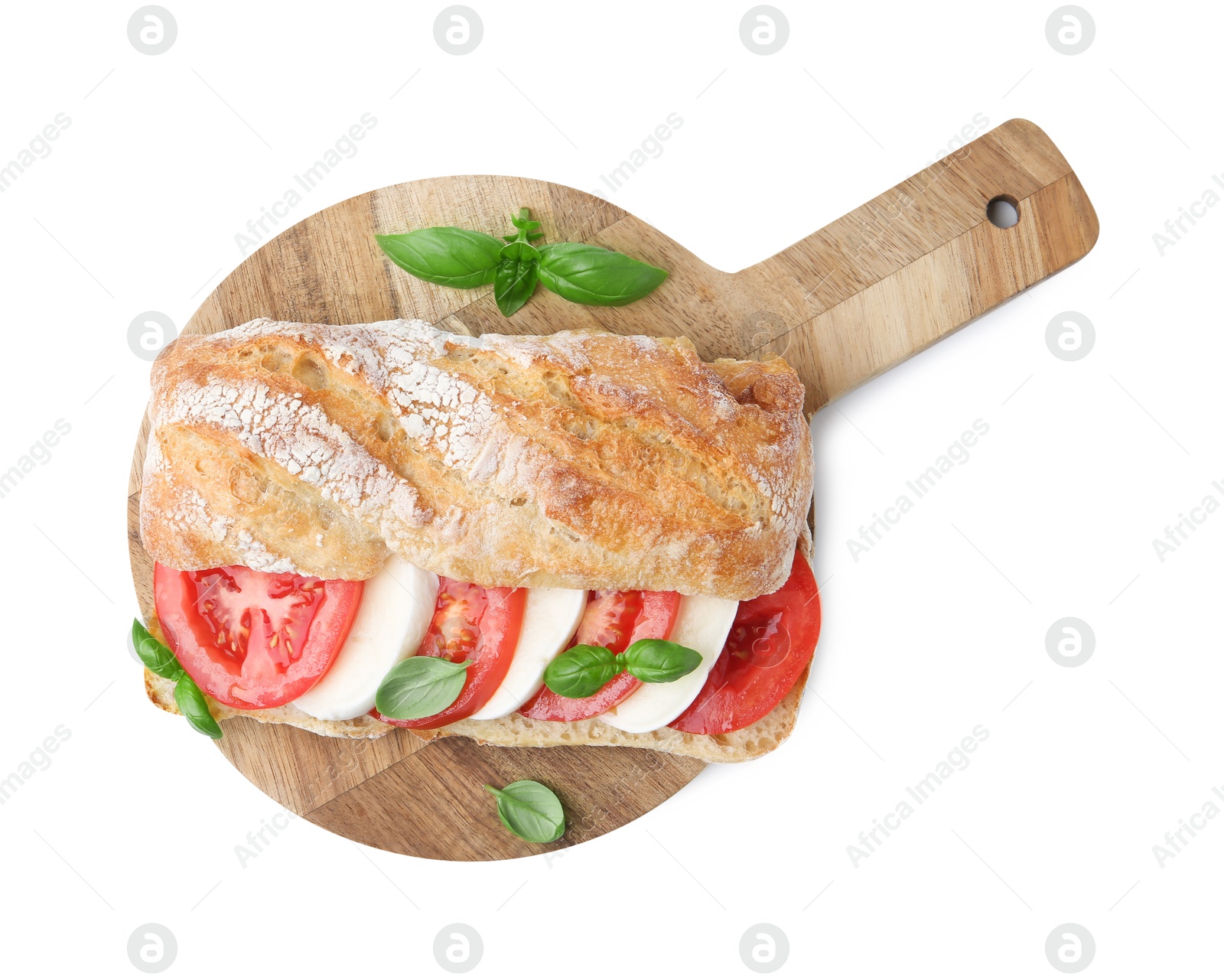 Tasty sandwich with mozzarella cheese, tomatoes and basil isolated on white, top view Photo of Tasty sandwich with mozzarella cheese, tomatoes and basil isolated on white, top view