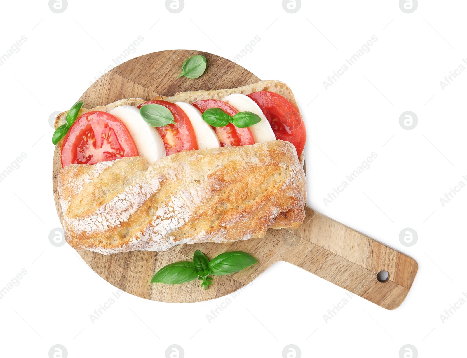 Tasty sandwich with mozzarella cheese, tomatoes and basil isolated on white, top view Photo of Tasty sandwich with mozzarella cheese, tomatoes and basil isolated on white, top view