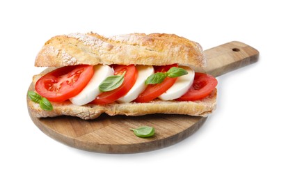Photo of Tasty sandwich with mozzarella cheese, tomatoes and basil isolated on white