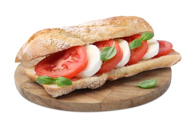 Photo of Tasty sandwich with mozzarella cheese, tomatoes and basil isolated on white