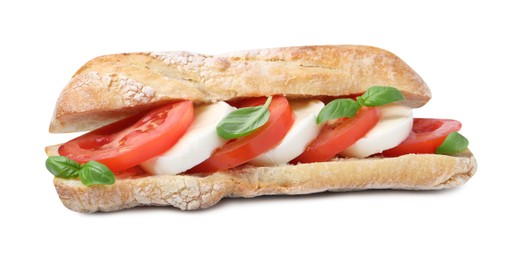 Photo of Tasty sandwich with mozzarella cheese, tomatoes and basil isolated on white