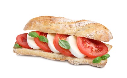 Photo of Tasty sandwich with mozzarella cheese, tomatoes and basil isolated on white