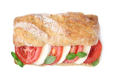 Photo of Tasty sandwich with mozzarella cheese, tomatoes and basil isolated on white, top view