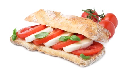 Photo of Tasty sandwich with mozzarella cheese, tomatoes and basil isolated on white