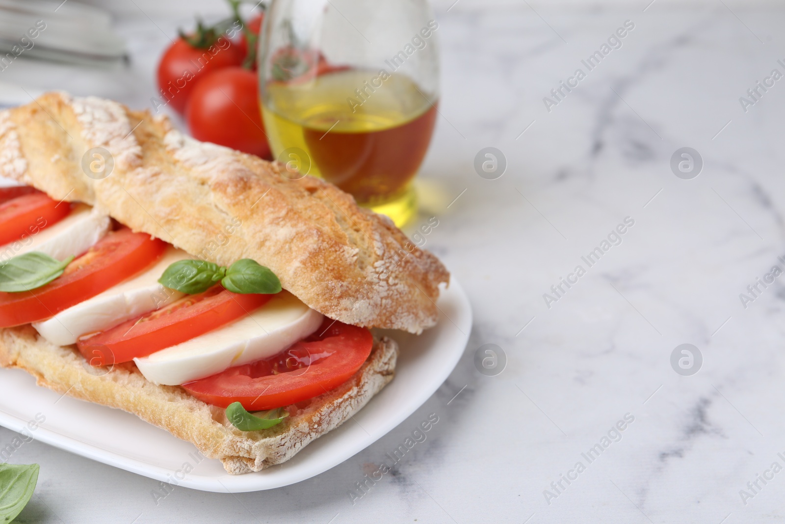 Tasty sandwich with mozzarella cheese, tomatoes and basil on white marble table, closeup. Space for text Photo of Tasty sandwich with mozzarella cheese, tomatoes and basil on white marble table, closeup. Space for text
