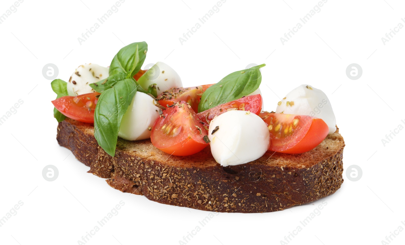 Tasty sandwich with mozzarella cheese, tomatoes, basil and spices isolated on white Photo of Tasty sandwich with mozzarella cheese, tomatoes, basil and spices isolated on white