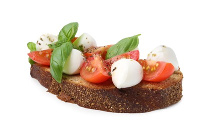 Photo of Tasty sandwich with mozzarella cheese, tomatoes, basil and spices isolated on white