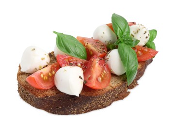 Photo of Tasty sandwich with mozzarella cheese, tomatoes, basil and spices isolated on white