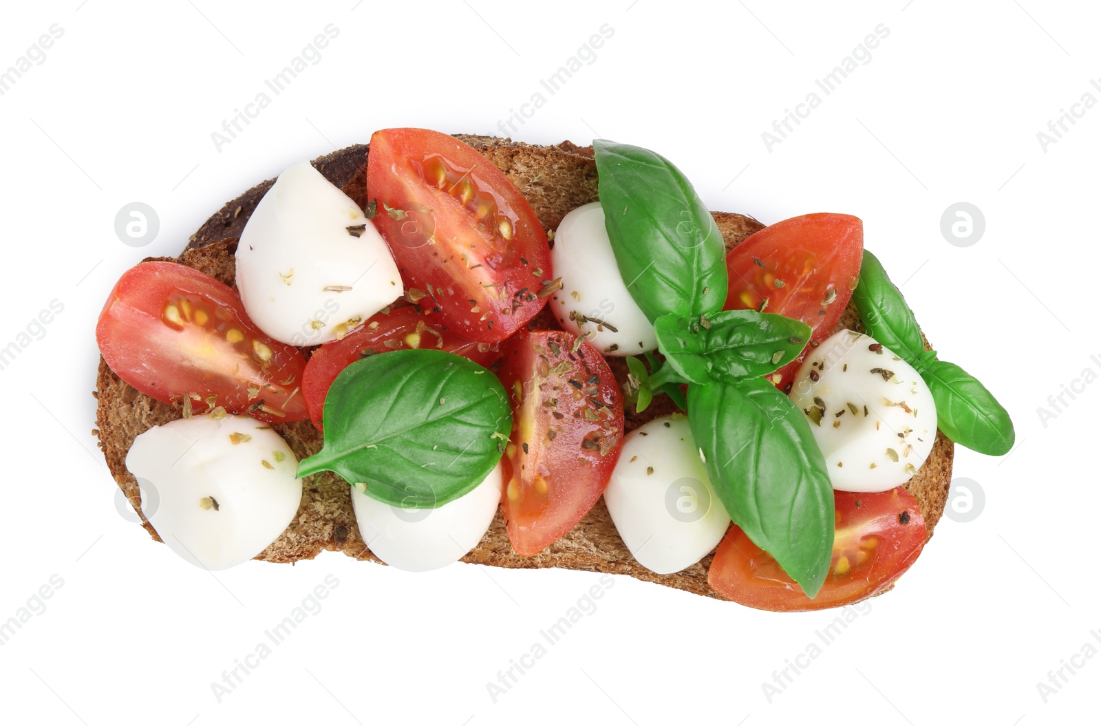 Tasty sandwich with mozzarella cheese, tomatoes, basil and spices isolated on white, top view Photo of Tasty sandwich with mozzarella cheese, tomatoes, basil and spices isolated on white, top view