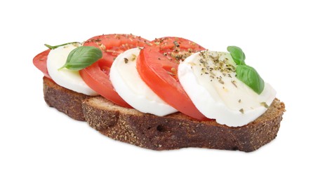 Photo of Tasty sandwich with mozzarella cheese, tomatoes, basil and spices isolated on white
