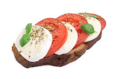 Photo of Tasty sandwich with mozzarella cheese, tomatoes, basil and spices isolated on white